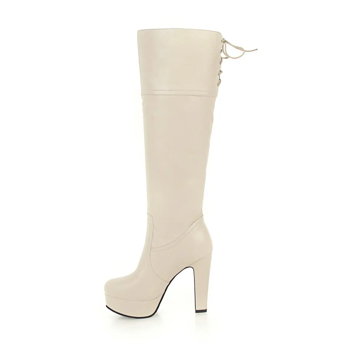 Botas Altos 2018 negro Toe Invierno Plataforma Mujeres Encaje Zapatos Otoño Tacones blanco Cuero Hasta Cuadrado Beige Mujer Pu Rodilla La rrvEqwU