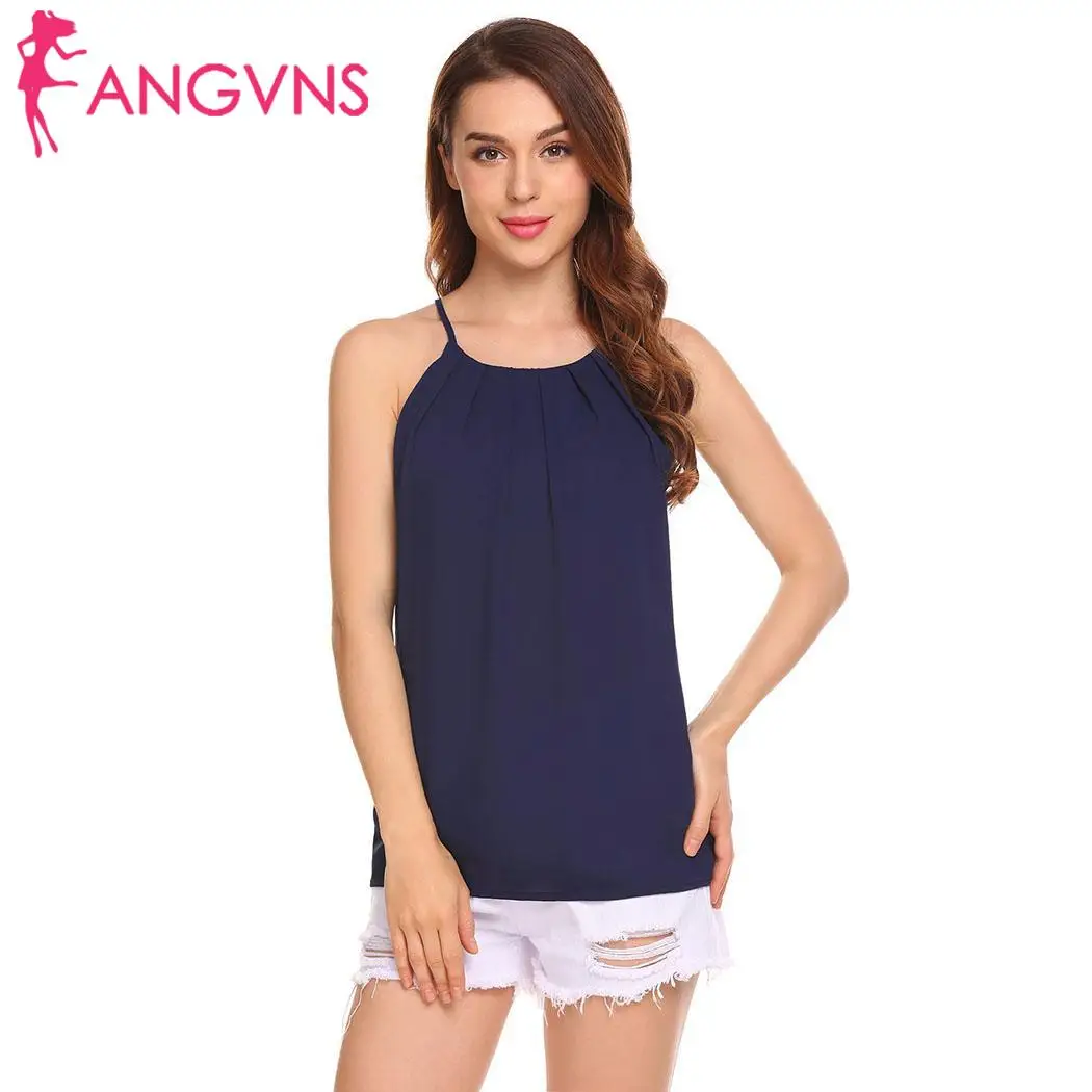 Tank Round Neck Front Pleated Solid Casual Chiffon Blouse Cami Women Topsin Tank Tops from