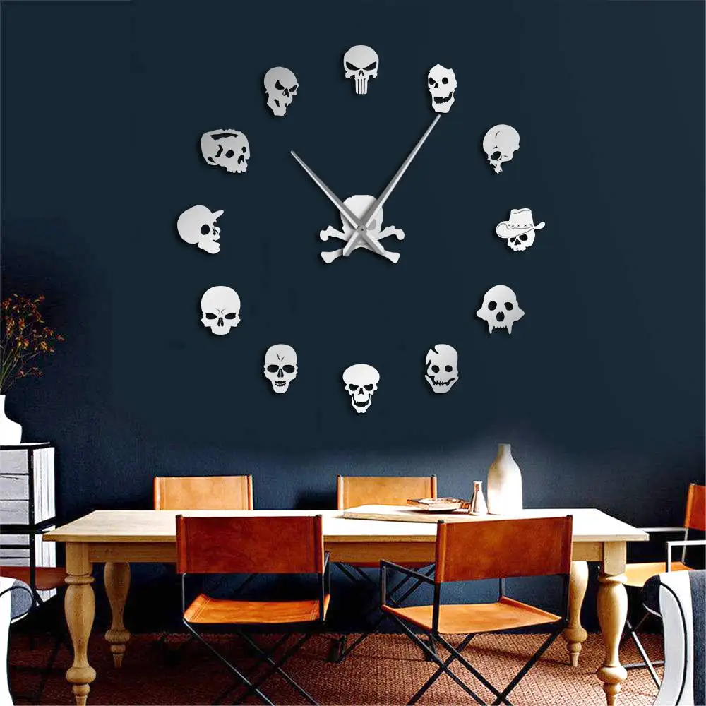 Tanie Różne czaszki DIY Horror Wall Art Giant zegar ścienny duża igła bezramowe głowice Zombie duży zegar ścienny Halloween Decor