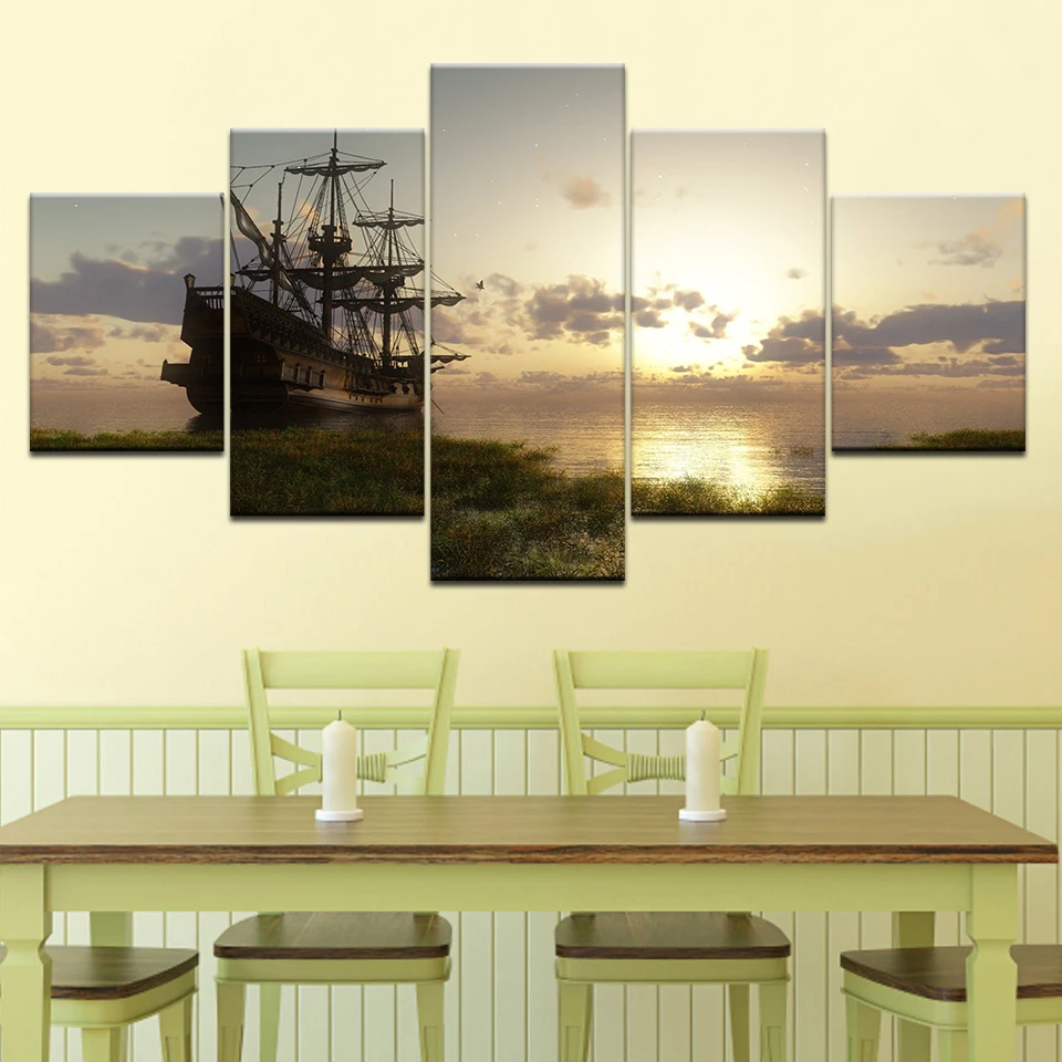 

5 Panel Wall Art Fantasy Ship Sail Boat In Lake Sunset Prints modern Modular Poster art Canvas painting Living Room Home Decor