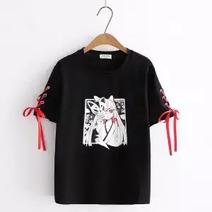 Летняя Корейская женская длинная футболка Ulzzang Kawaii, японский стиль Харадзюку, модные повседневные футболки с героями мультфильмов, женские шикарные винтажные футболки - Цвет: Черный