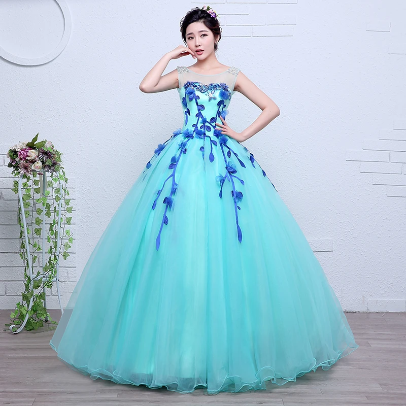 

Hot Freeship Flower Leaf Shoulder Beading Ice Blue Ball Gown Medieval Dress Renaissance Gown Queen Victorian Belle Ball Gown