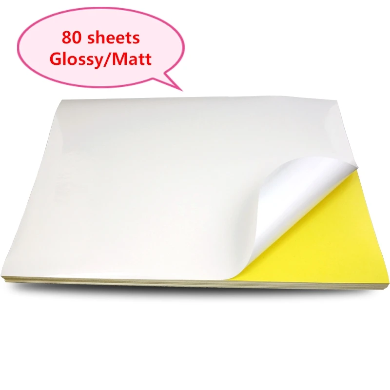 A4 Sticker Paper Label Sheets for inkjet / Laser Printer /Copier, Matt/Gloss kraft Surface, 80 Sheets Per Pack