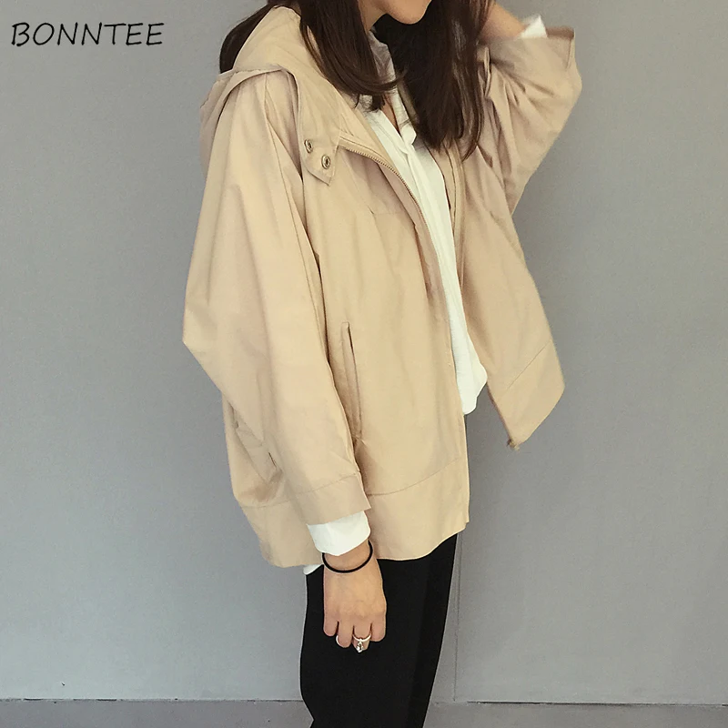 

Jackets Women Leisure Fashion Korean Style Loose Hooded Batwing Sleeve Pocket Womens Clothing All-match Simple Solid Color Chic