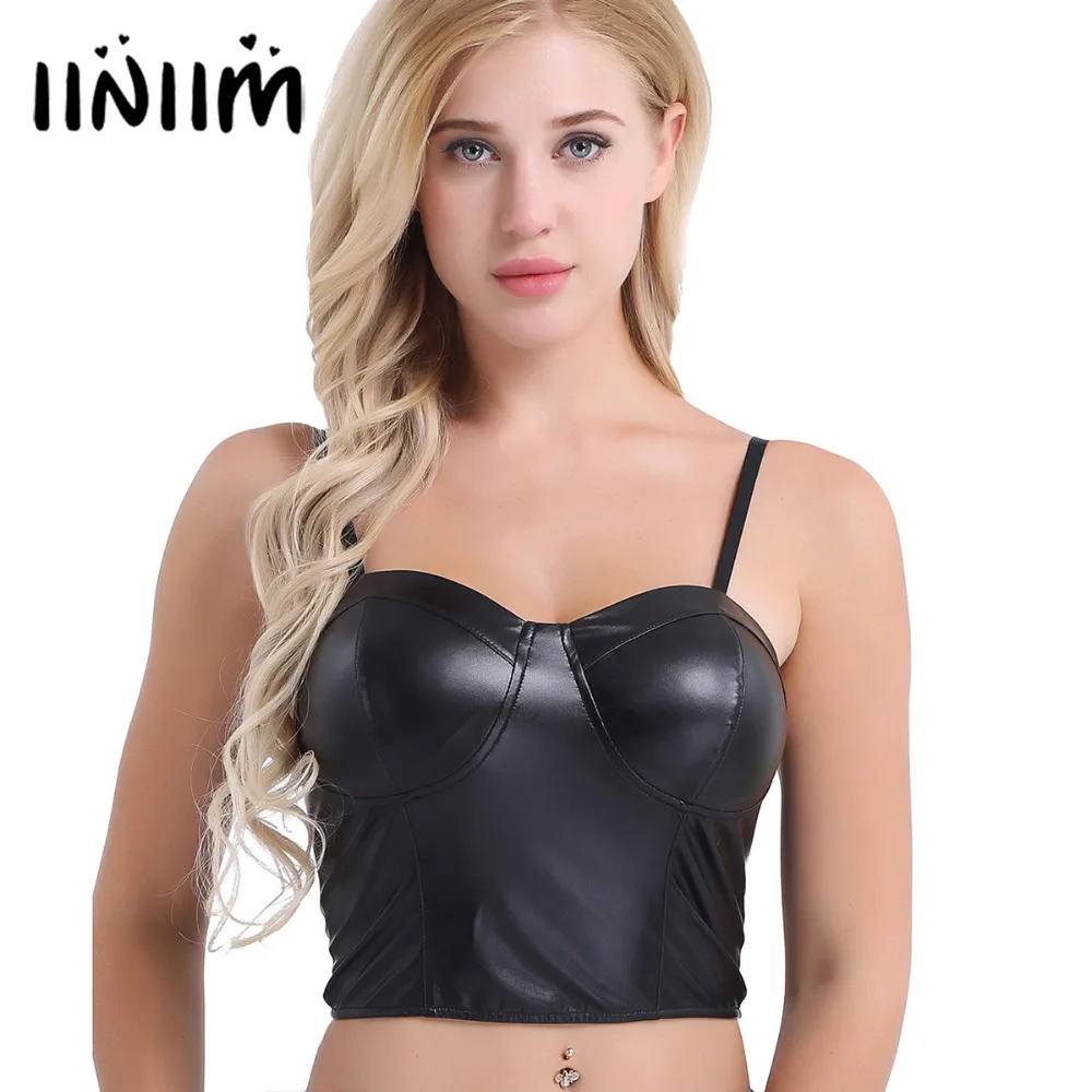 

Fashion Show Womens Adjustable Spaghetti Straps PU Leather Bustier Corset Club Halloween Party Costume Crop Tank Top