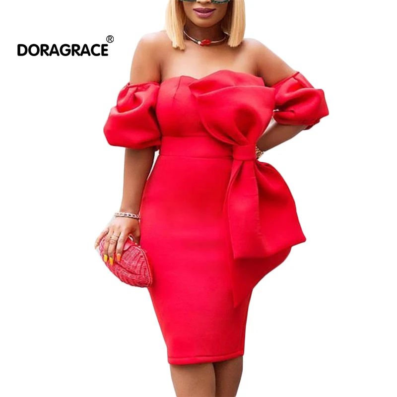 

Doragrace New Fashion vestidos de festa Ruffles Fushia Knee-Length Women Bodycon Pencil Dress Cocktail Party Dresses