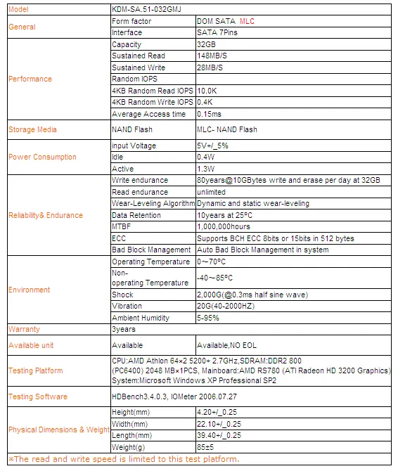 New Kingspec SSD SATA DOM 32GB(KDM-SA.71-032GMJ) 1CH MLC 7PINs Industrial Disk On Module Solid state drives for POS