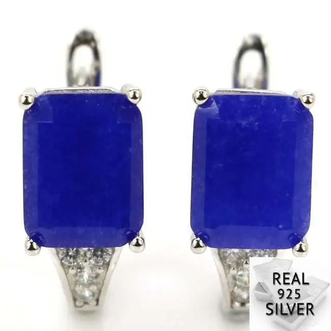 

Real 3.4g 925 Solid Sterling Silver Deluxe Rectangle Real Blue Sapphire White CZ Stud Earrin 14x7mm