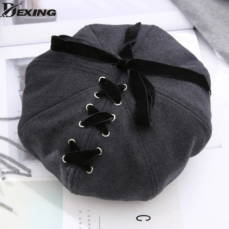 Japanese Lolita Style beret Women Ring Ribbon Lacing Bow beret Sweet
