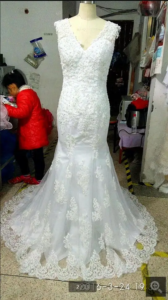 

Fashion mermaid cap sleeve beading wedding dress real picture v neck court train formal wedding gowns cheap bride dress on sale