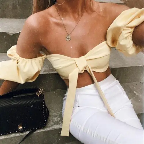 

Fashion Womens Summer Slim Camis Bandeau Vest Crop Tops Sexy Ladies Party Off Shoulder Bowknot Tanks Tees Tops Bralette Bustier