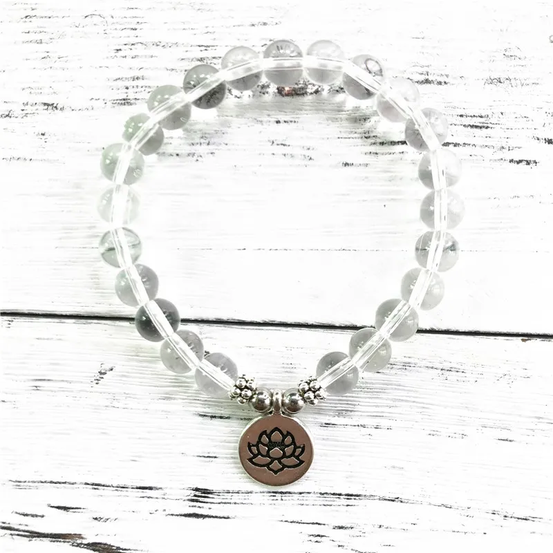 

Clear Quartz Crystal Bracelet Lotus Yoga Wrist Mala Beads Meditation Jewelry Master Healer Clarity Healing for All Chakras