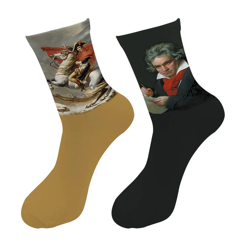 

New 3D Printed World Celebrities Paint Crew Socks Men Portrait Einstein Napoleon Beethoven Painting Long Men's Dress Tube Socks