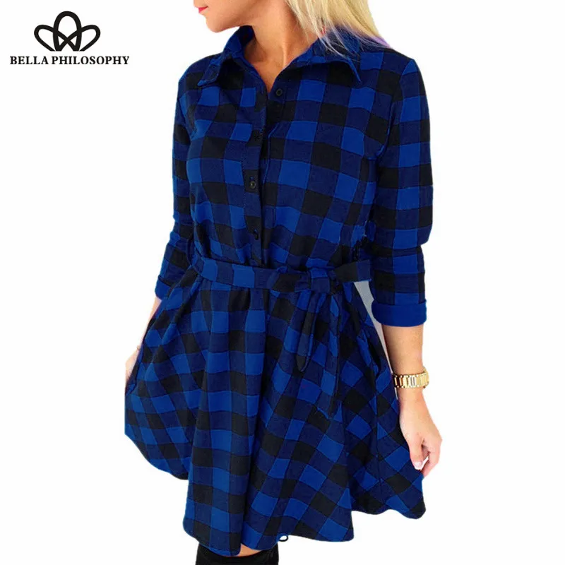 Wonder Spring Casual Plaid Sashes Shirt Dress High Waist Casual Loose Dress Vestidos With Belt Sexy Mini Dress 2019 new S-2XL