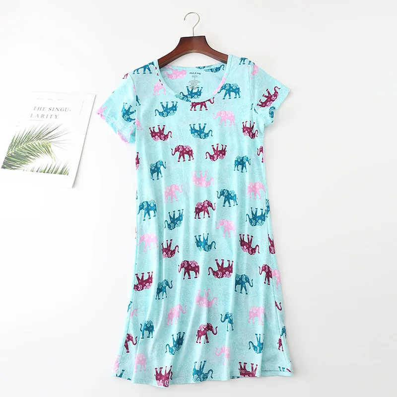 Милая Ночная рубашка, женская ночная рубашка с принтом совы, слона, собаки, свободное платье, трикотажное Хлопковое платье с коротким рукавом, свободная ночная рубашка D87391 - Цвет: Blue elephant print