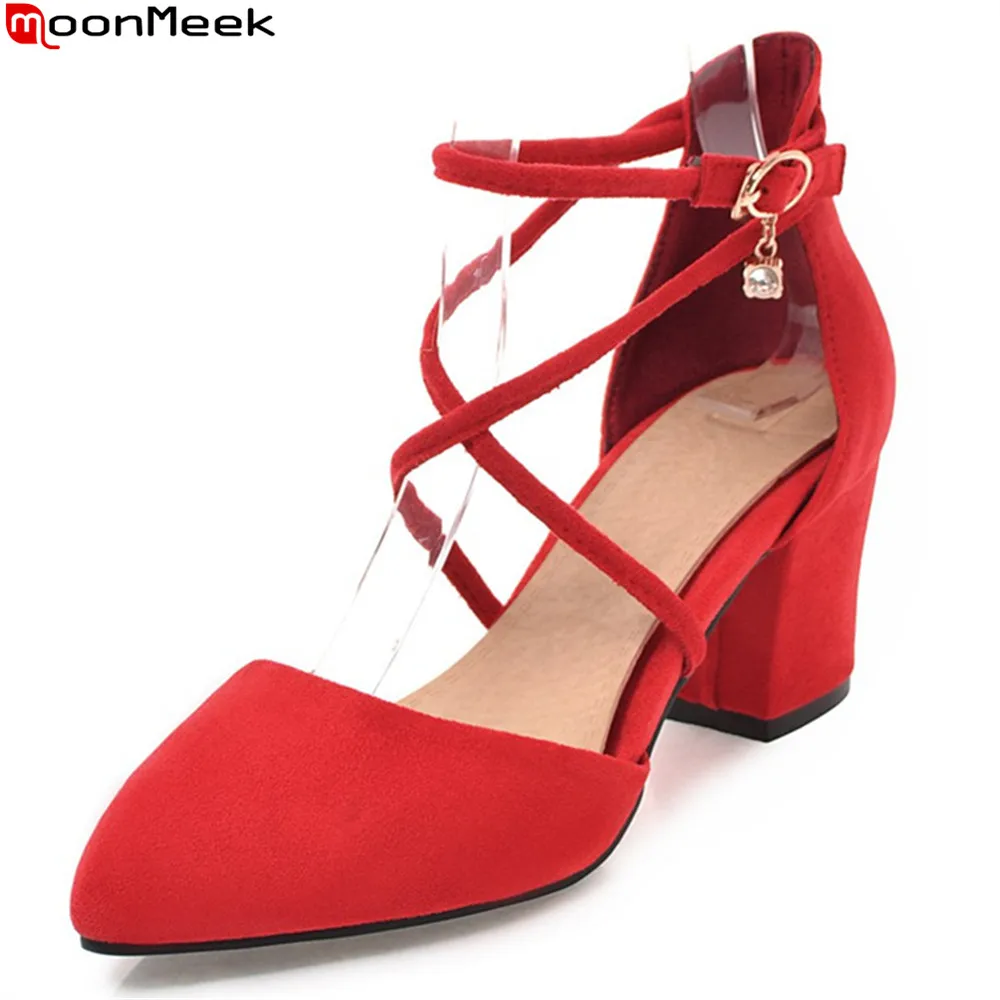 

MoonMeek 2020 high heels pointed toe sexy female pumps with buckle flock square heel wedding party shoes ladies shoes