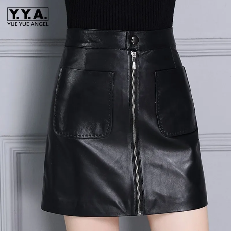 

Genuine Leather Woman Mini Skirts Slim Fit Wrap Saia Femme Casual Office Lady Sheepskin Leather Zipper High Waist Faldas Female
