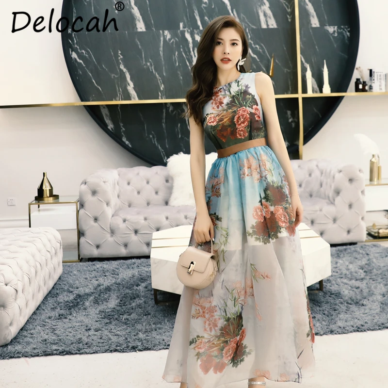 

Delocah New 2019 Women Spring Summer Dress Runway Fashion Designer Sleeveless Elegant Floral Printed Casual Vacation Slim Dress