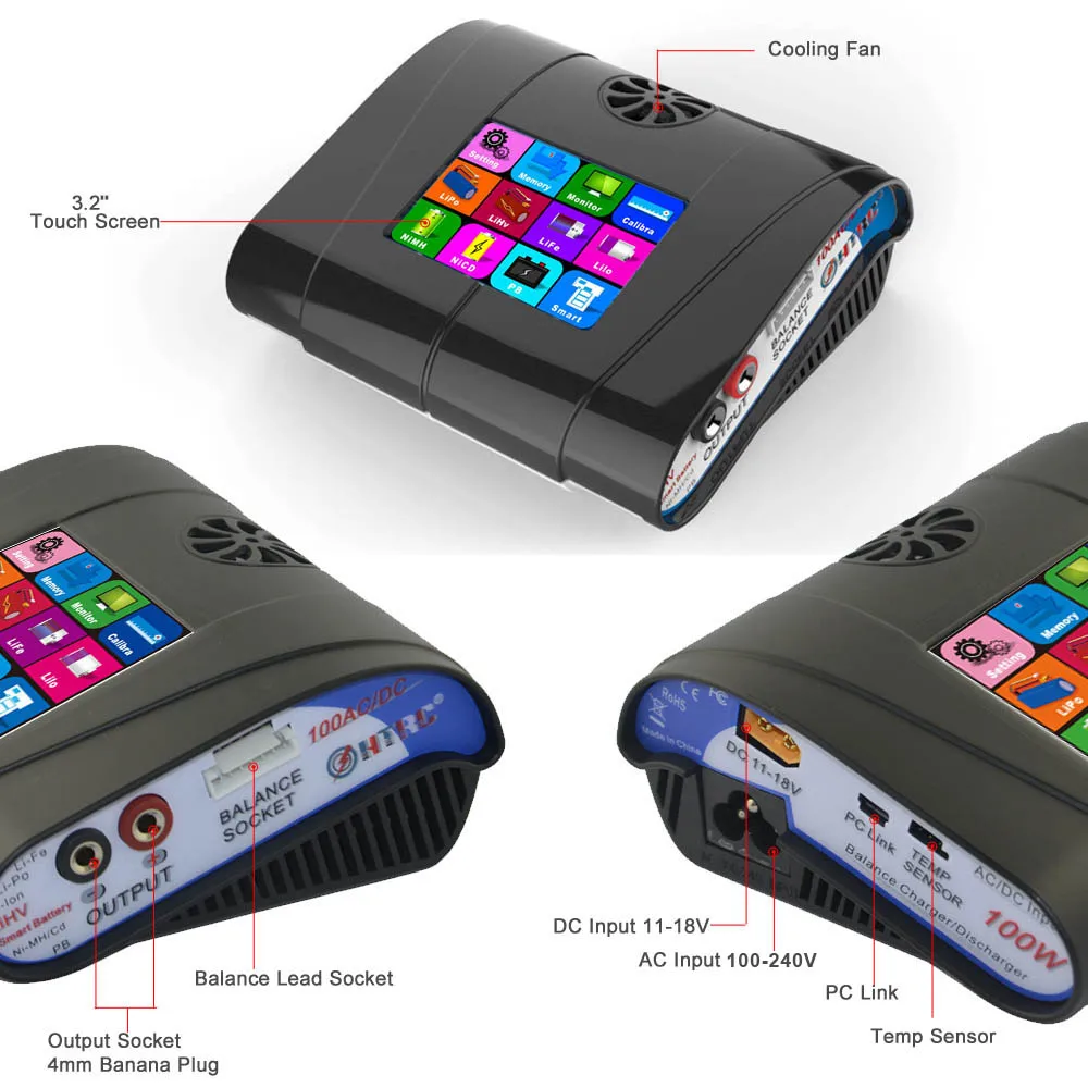 

HT100 AC DC 100W LCD Touch Screen Lion Battery Balance Charger Discharger for Lion/LiPo/LiFe/LiHv Nicd/NiMh/PB Battery