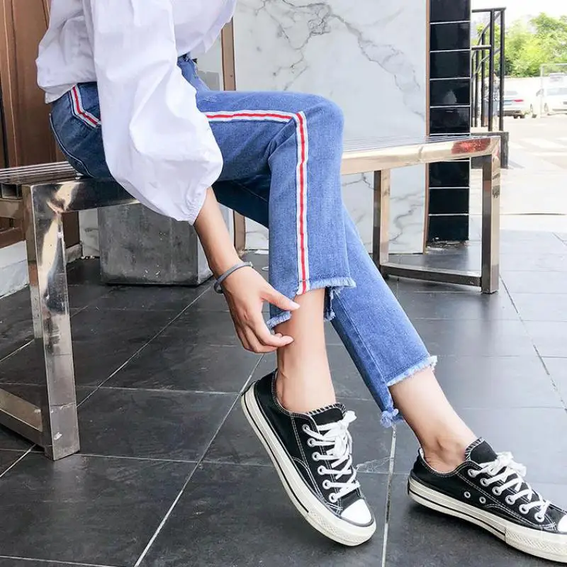 Straight Jeans Pants Women 2019 Summer Striped Femme Pantalon Plus Size 32 Stretch Mom Jeans Femme Retro Jeans Mid Waist