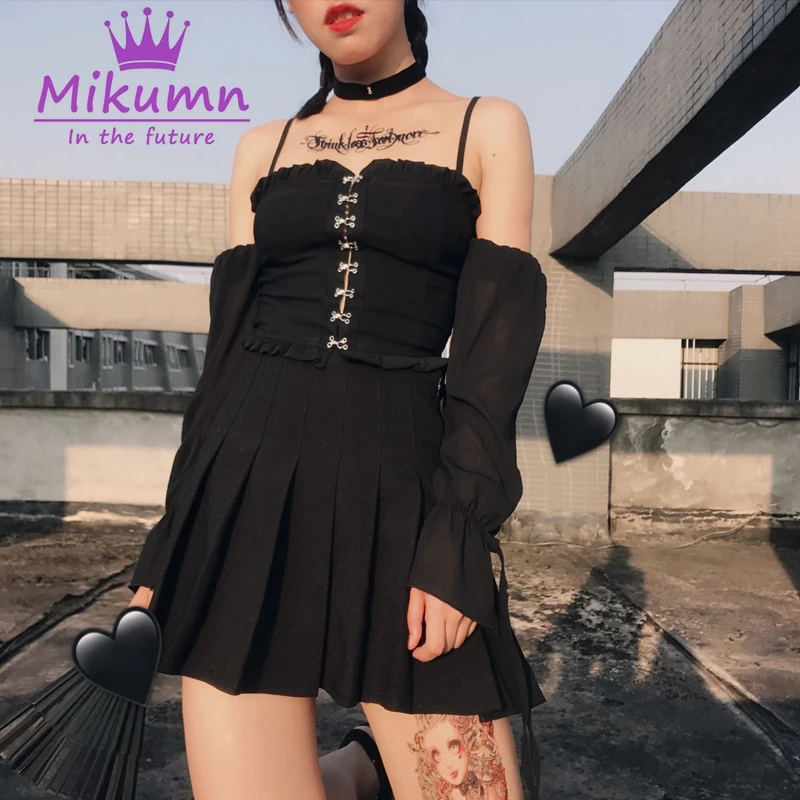 

Harajuku Gothic Sexy Off Shoulder Crop Top T-Shirts Women Solid Color Strap Long Sleeve T Shirt Punk Female Tees Shirt