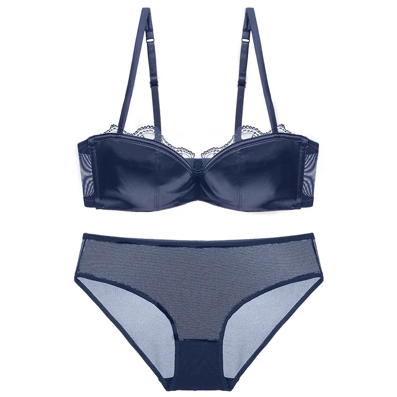 Women Lace Sexy Demi Bra Set Mesh Brief Underwire Back Closure Push up Underwear (6)