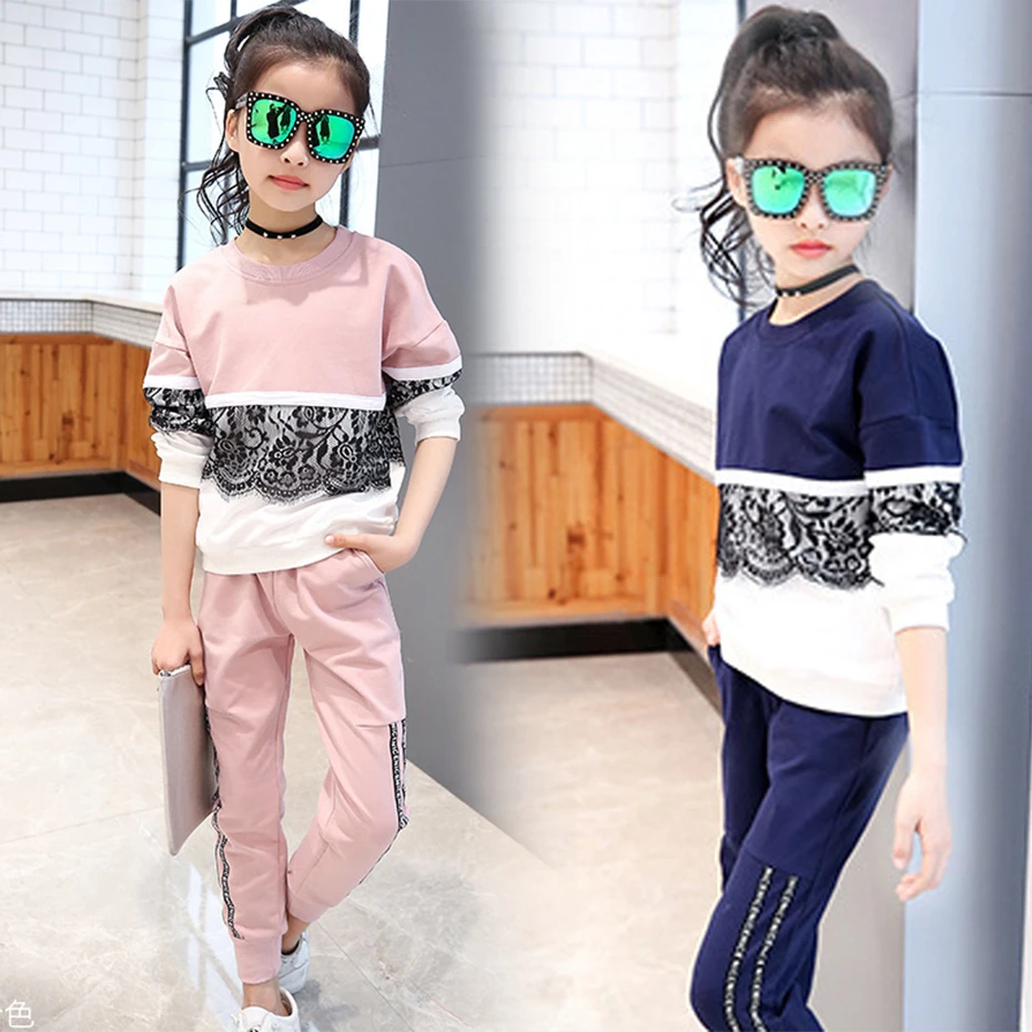 

Sports Clothing For Girls Lace Shirt+Pants 2 Pcs Autumn Infant Girls Set Winter Teenage Girls Clothing 6-13 Years