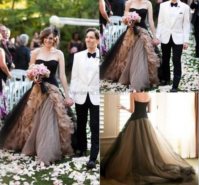 2015 Black Champagne Tulle Ball Gown Wedding Dresses Vintage Bridal