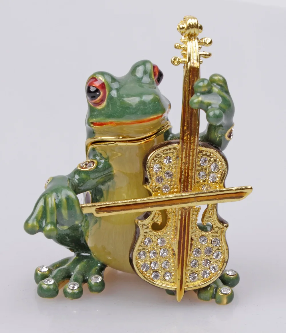 Vintage Frog Trinket Box Beautiful Jeweled Pewter Frog Playing Cello