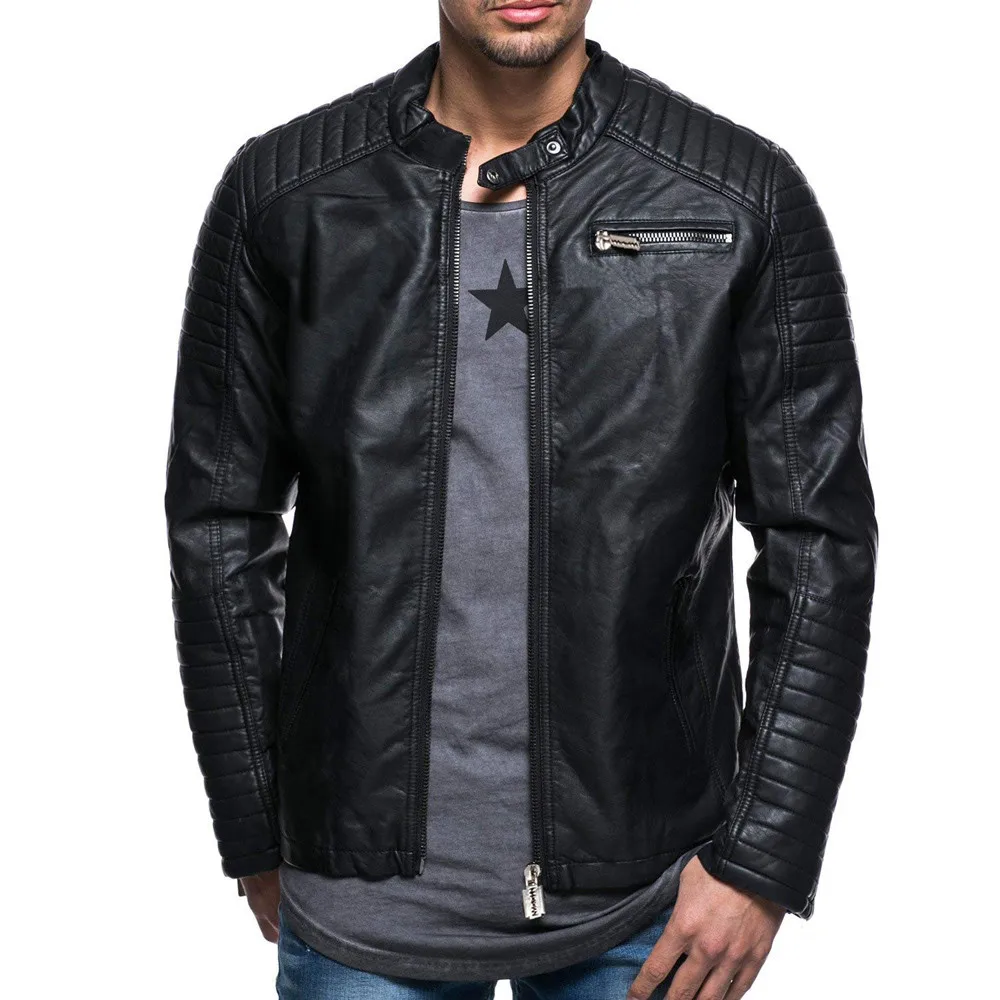 

Men Coats Stylish Zip Stand Neck PU Leather Pleats Jacket Splicing Zipper Stand Collar Imitation Leather Coat Tops