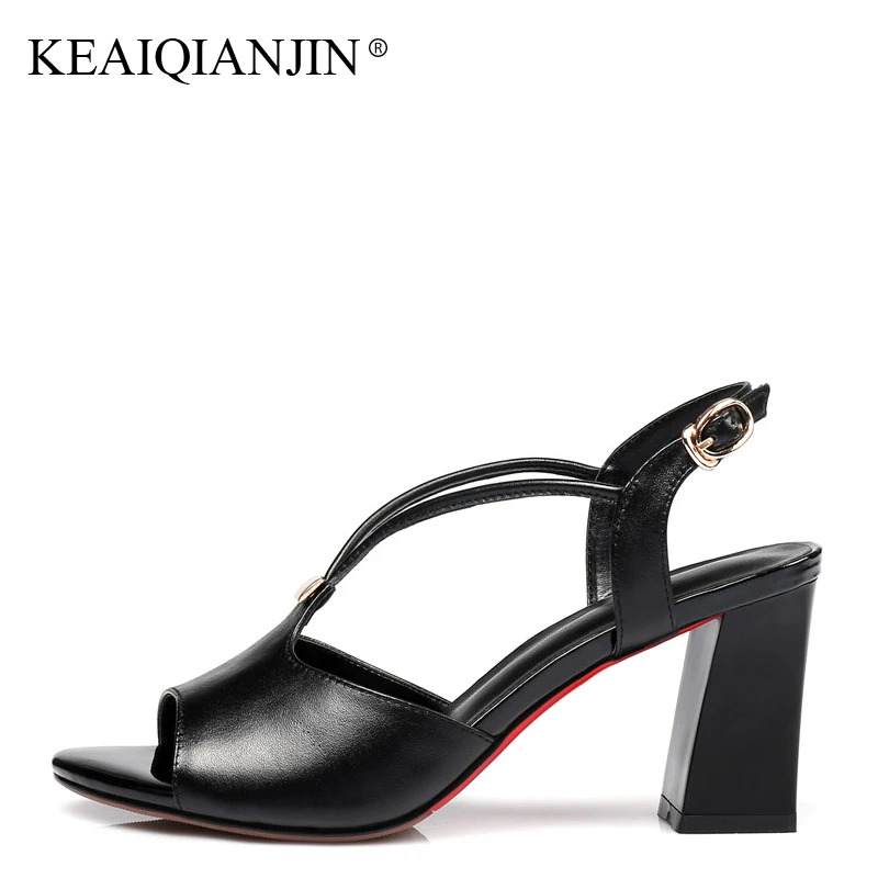 

KEAIQIANJIN Woman Genuine Leather Sandals Black White Fashion Sexy Cow Leather High Heels Shoes Metal Decoration Sandals 2018