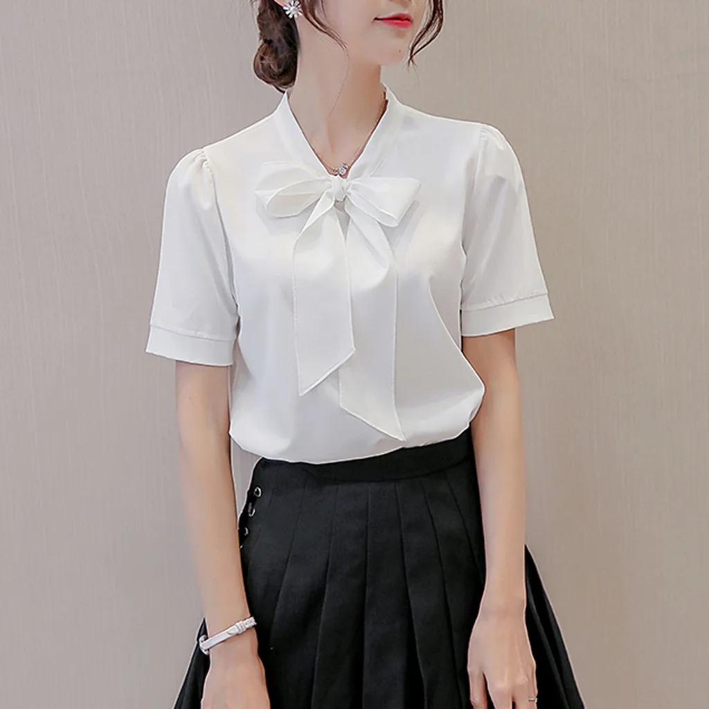 Women Blouse 2019 Women Summer Work Office Short Sleeve Bow Tie Solid Chiffon Blouse Tee Shirt Top