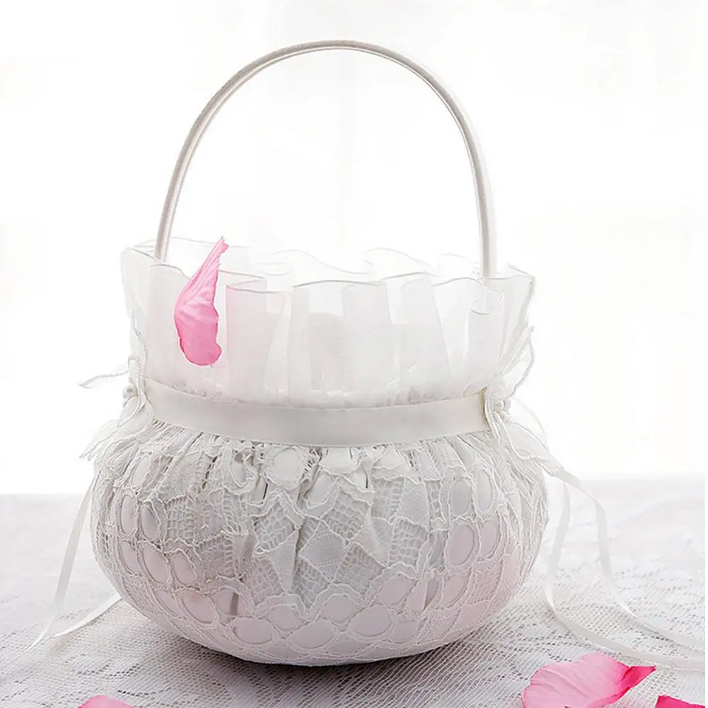 Romantic Cute Double Bow Candy Wedding Flower Basket Petal shaped Lace