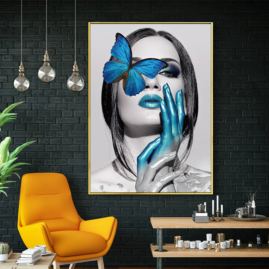 

Modern Fashion Women Art Canvas Posters and Butterflies Prints Abstract Figure Paintings Wall Picture for Living Room Decoration