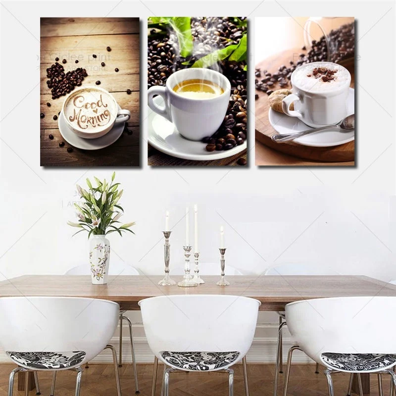 3 Panels Unframed Canvas Photo Prints Modern Kitchen Scene Coffee Wall Art Picture Canvas Paintings Wall Decoration