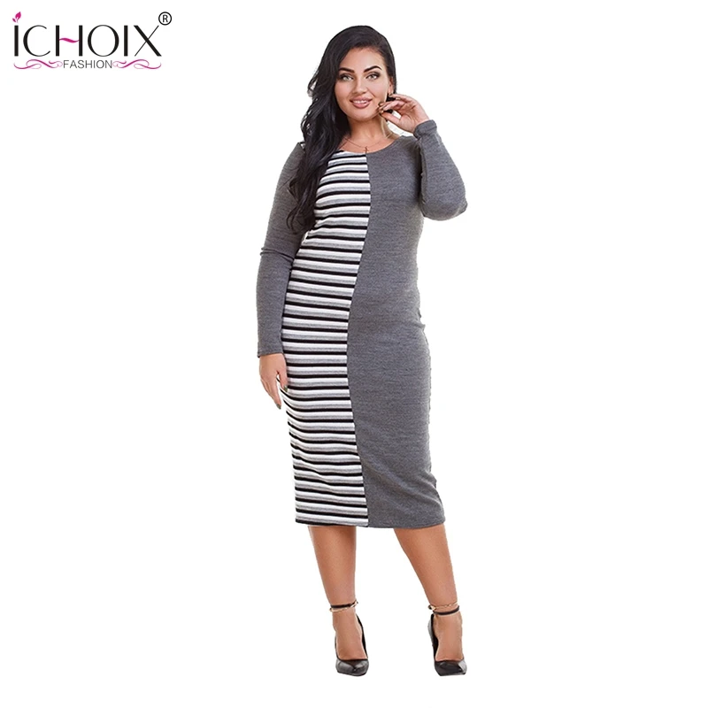 

ICHOIX 2019 Spring Casual Dress Women High Street Bodycon Dress Vestidos Stripe Patchwork Long Sleeve Plus Size Dresses 4XL 5XL