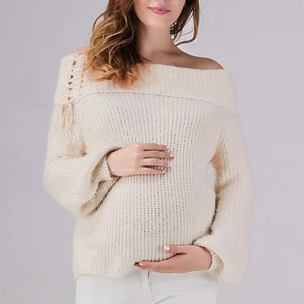 MUQGEW Для женщин для беременных с длинным рукавом Беременность вязаный свитер Топы на шнуровке Обёрточная бумага Вязание свитер одежда#30