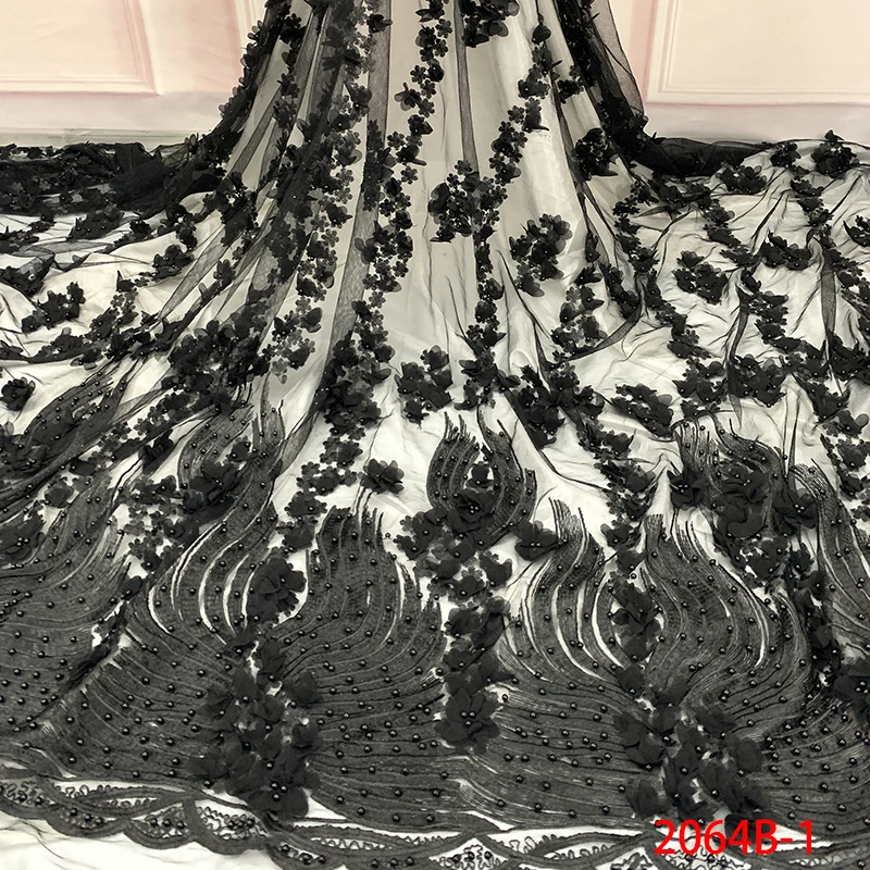 

French tulle lace fabric high quality, 3D tulle lace fabric,Beautiful applique embroidered fabrics laces with beads KS2064B-1
