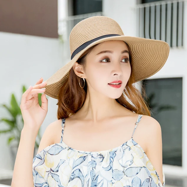 Летняя соломенная шляпа для женщин с большими широкими полями, пляжная шляпа, складная, с защитой от ультрафиолета, солнцезащитные шляпы для женщин, летняя шляпа с бантом
