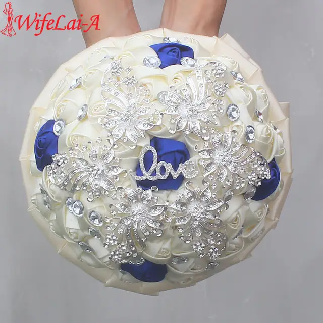 Wifelai A Cream With Royal Blue Rose Brooch Bridal Bouquets