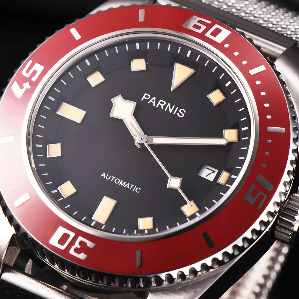 

43mm PARNIS black dial sapphire glass Stainless steel case Calendar Luminous Marks Miyota Automatic Mechanical Men's Wristwatch