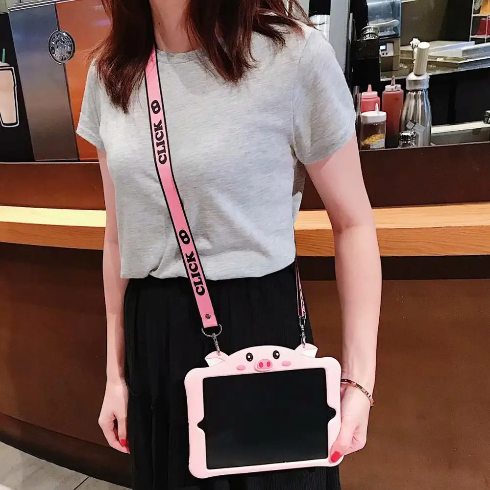 

Pig Silicon Shockproof case for IPad 9.7 2017 2018 Pro 9.7 10.5 Air 2 iPad 2 3 4 5 6 Mini 1 2 3 4 tablet cover with Neck Strap