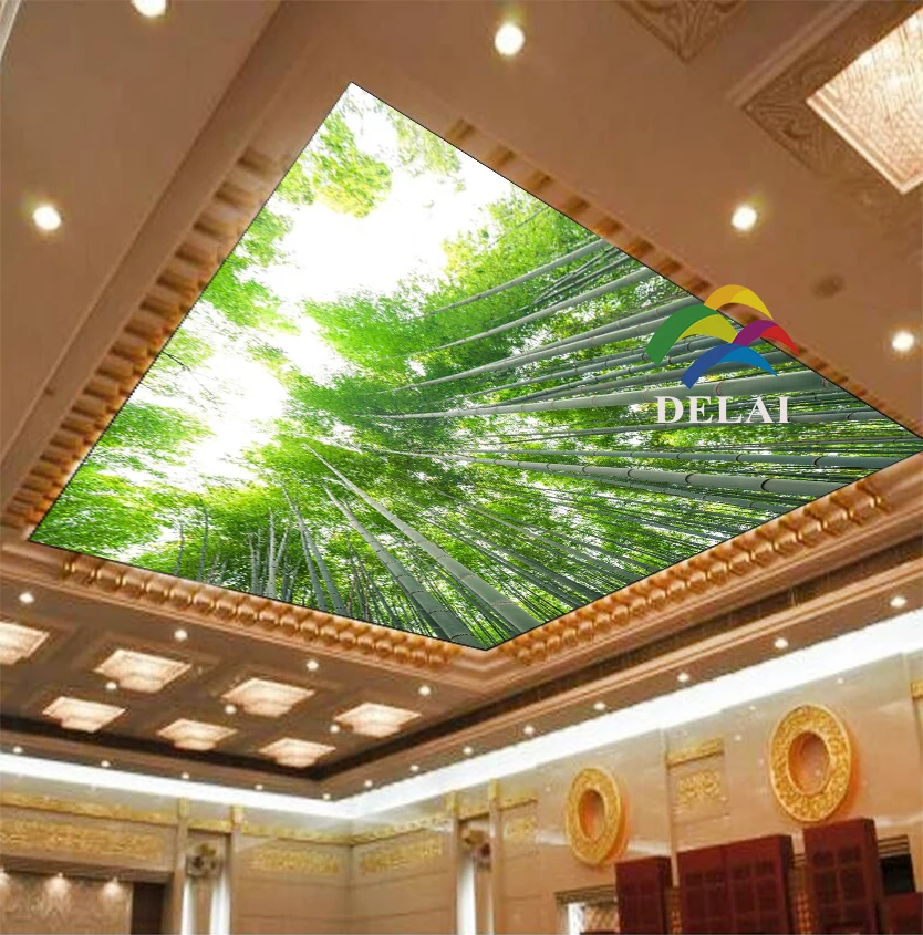 

T-1602 bomboo tree printing stretch ceiling film for home decoration with led lamp between pvc films