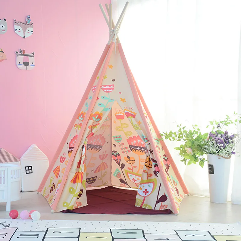 

Cotton Canvas Tipi Tent Toys for Children Lace Teepee for Kids Girls Playhouse Birthday Gifts Indoor Game Room 4 Poles