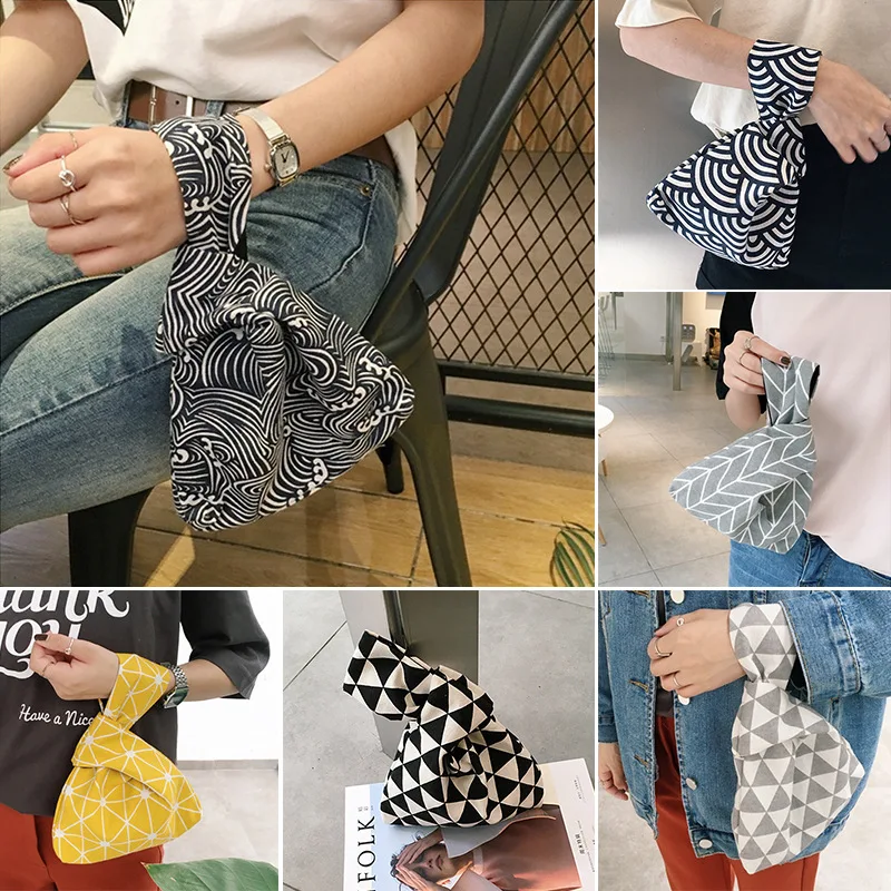 

Japanese Style Wind Simple Knot Wrist Bag Coin Purse Mobile Phone Key Small Bag Grid Wave Flower Handmade Square Bag