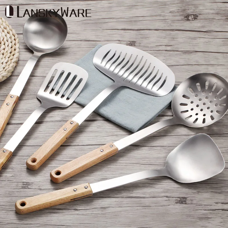 

Stainless Steel Kitchen Cooking Tools Set Spatula Soup Spoon Ladle Shovel Utensils Set With Wooden Handle Kitchen Accessories