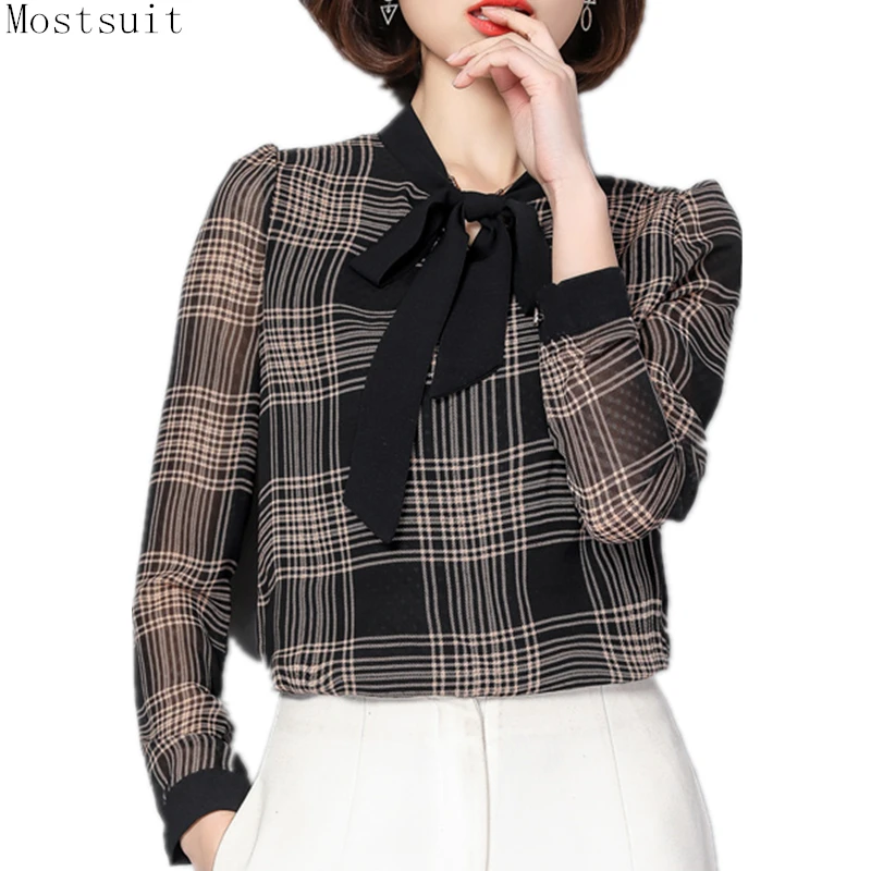 Plaid Bow Chiffon Blusas Femininas Women Korean Elegant