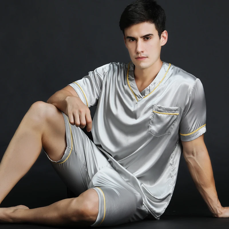 

New Spring Summer Men Silk Satin Pyjamas Set Men Short-Sleeve Pajama Set Male Sexy Sleepwear Leisure Home Clothing Plus Size