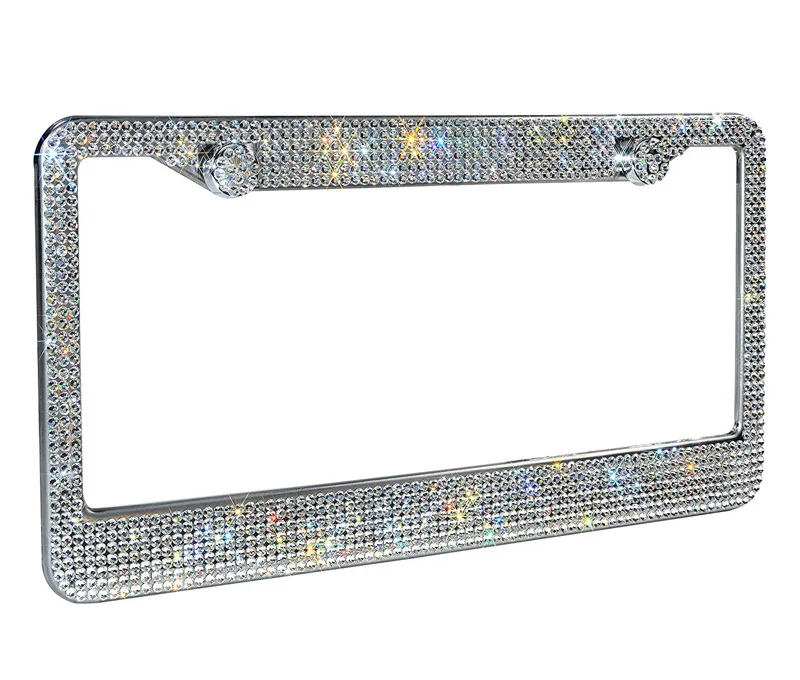 Bling Crystal License Plate Frame Women Luxury Handcrafted Rhinestone Car Frame Plate with Ignition Button For USA Canada Truck