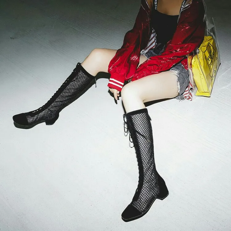 

Nude Black Mesh Boots Lace Up Round Toe Designer Shoes Women